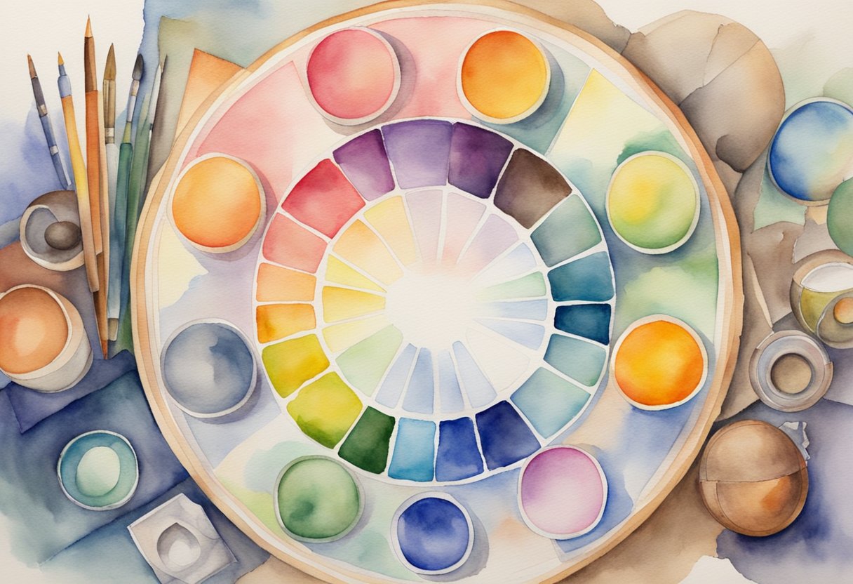 A color wheel surrounded by various objects in different hues and shades, with a sense of balance and harmony in the composition