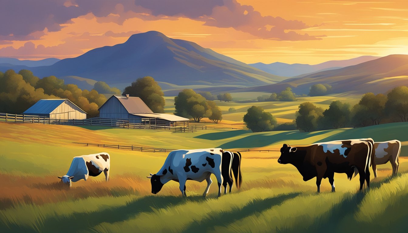 A sprawling ranch with grazing cattle and rolling hills, framed by a dramatic sunset