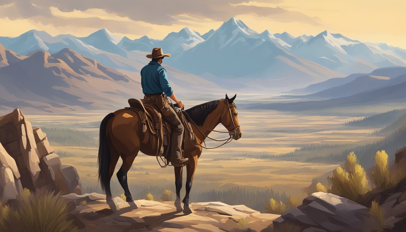 A rugged cowboy on horseback surveys a vast, untamed landscape with mountains in the distance