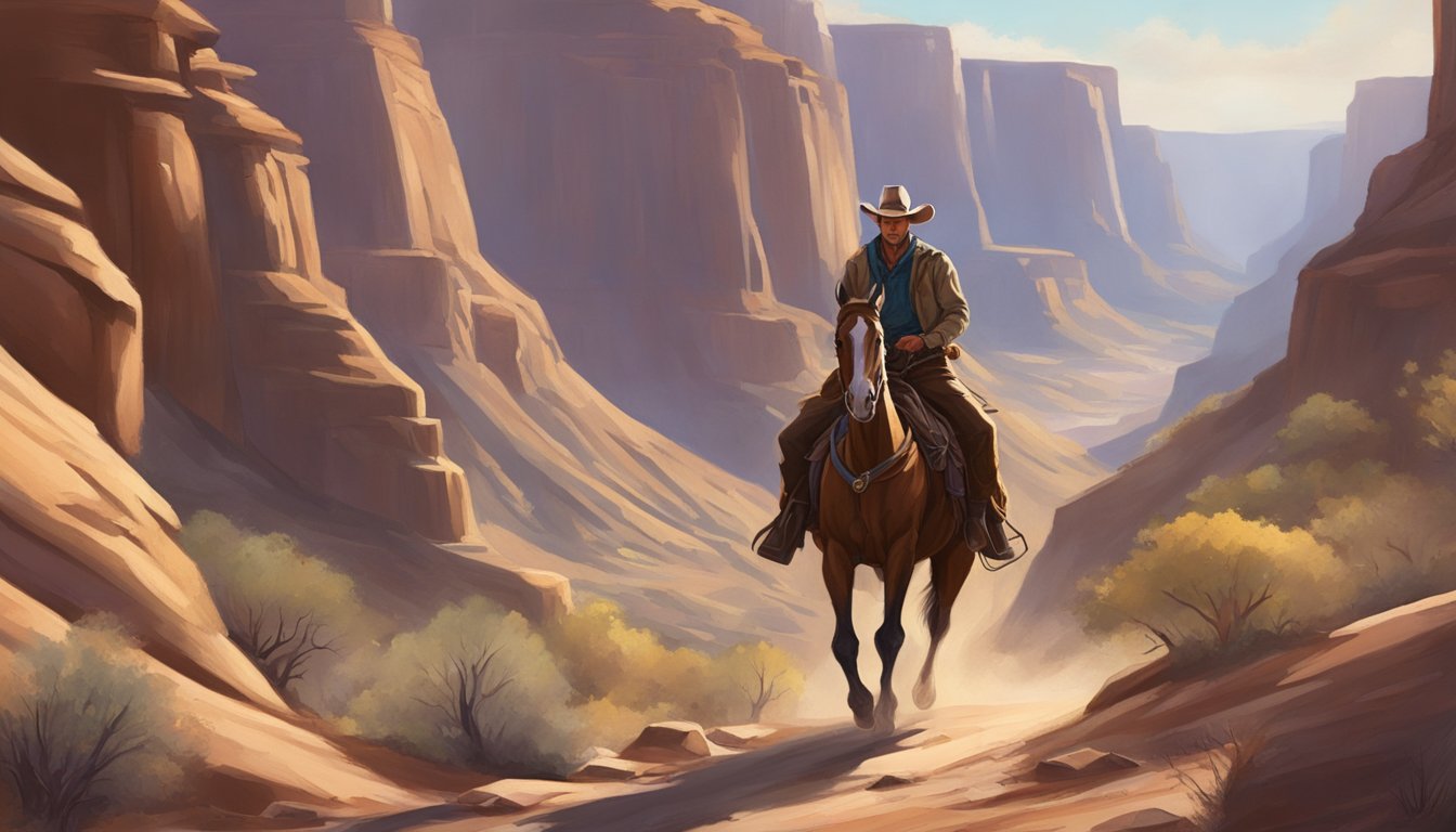 A lone cowboy rides through a rugged canyon, with a trusty rifle at his side and a determined look on his face