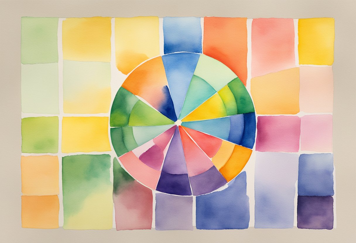 A vibrant color wheel with varying hues and shades, showcasing the principles of color theory through a visually appealing and harmonious arrangement