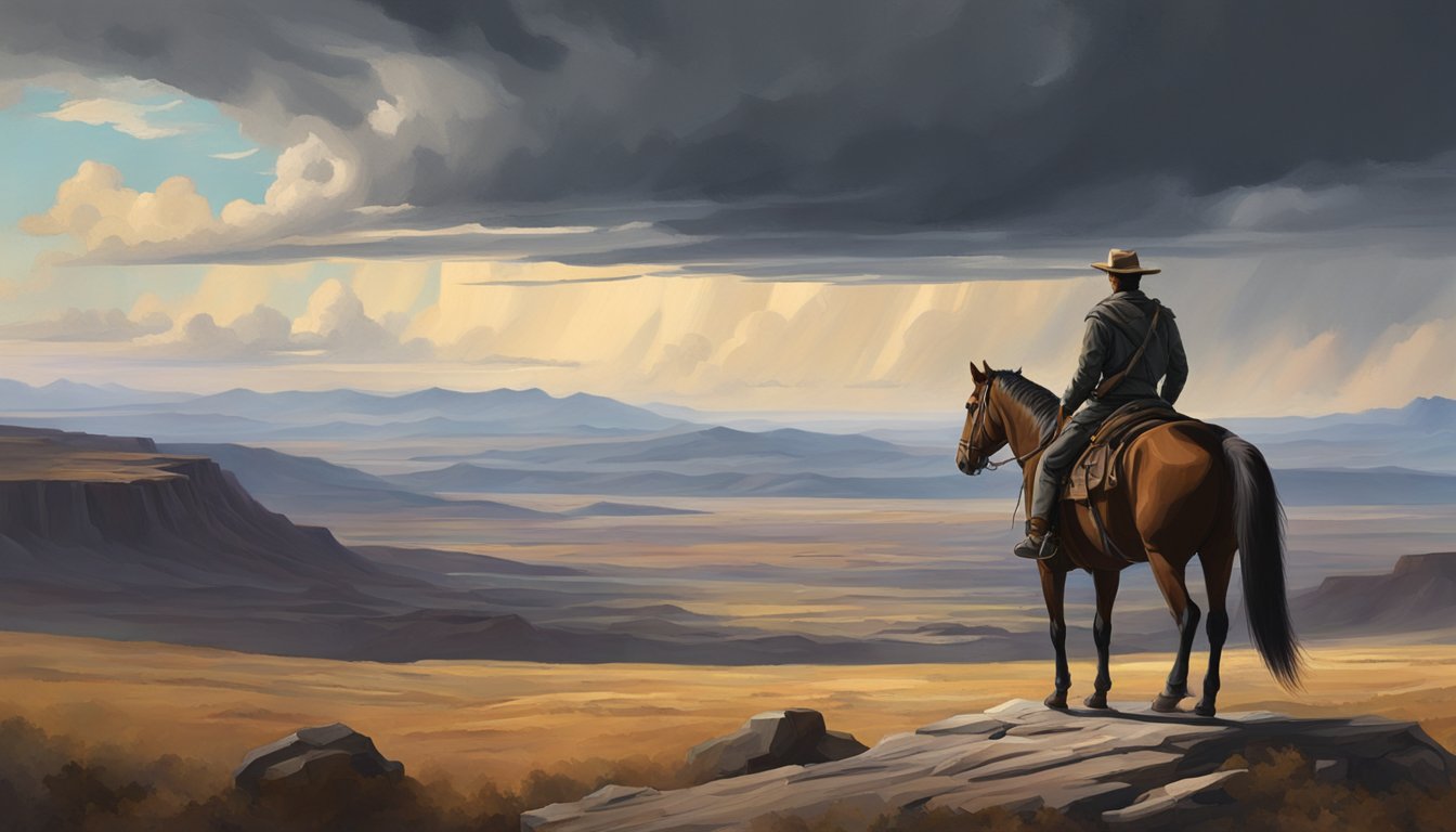 A lone figure on horseback stands before a vast, rugged landscape, with a dramatic sky overhead. The setting exudes a sense of power, resilience, and determination