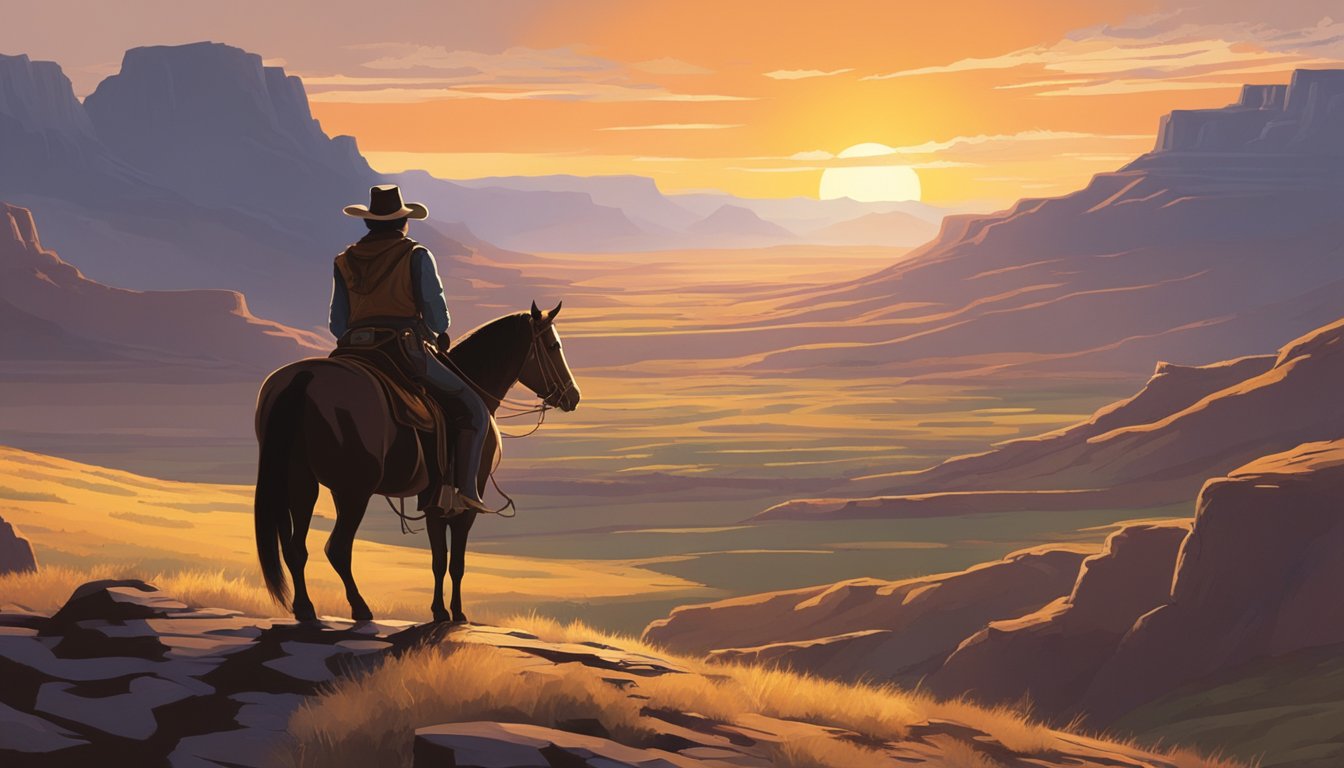 A lone figure on horseback surveys the vast expanse of the rugged western landscape, with a dramatic sunset casting long shadows across the land