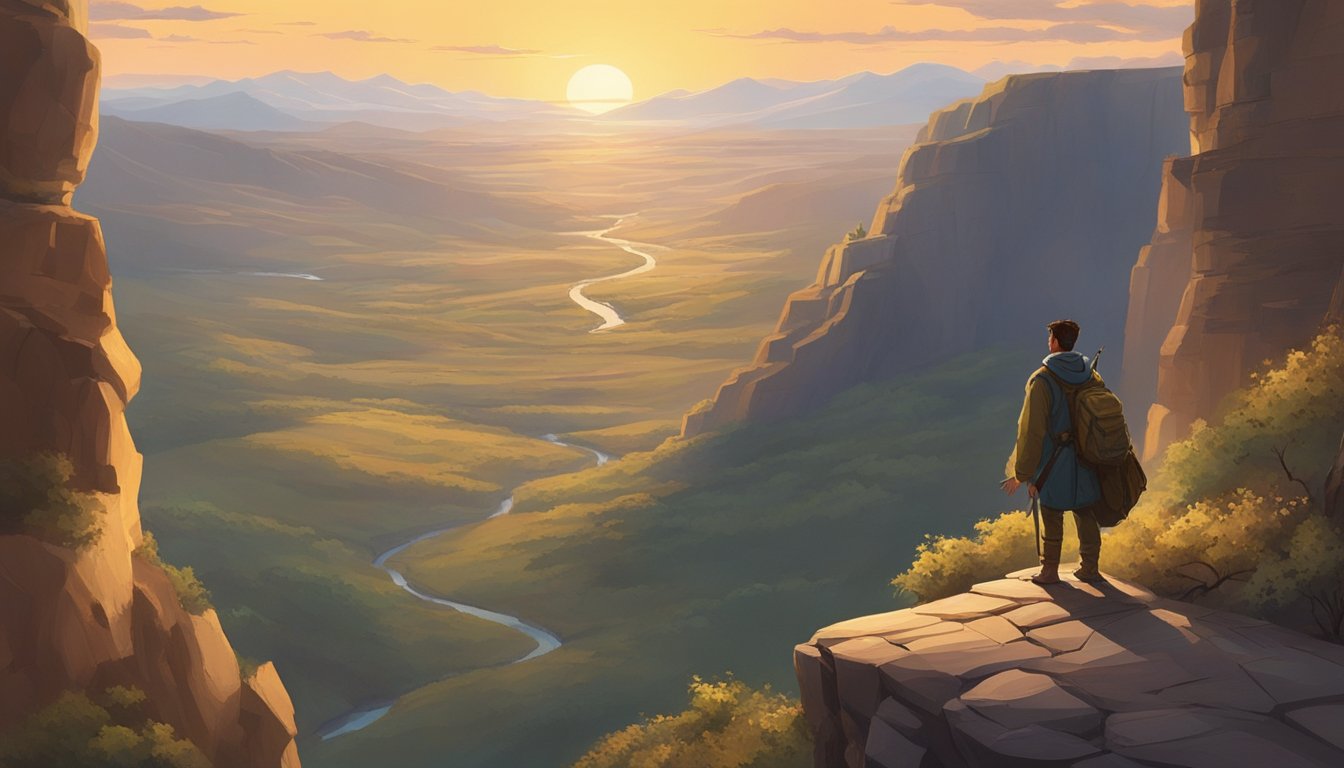 A lone figure stands on a rugged cliff, overlooking a vast expanse of untamed wilderness. The setting sun casts a warm glow over the land, while a sense of duty and moral responsibility emanates from the figure's stoic posture