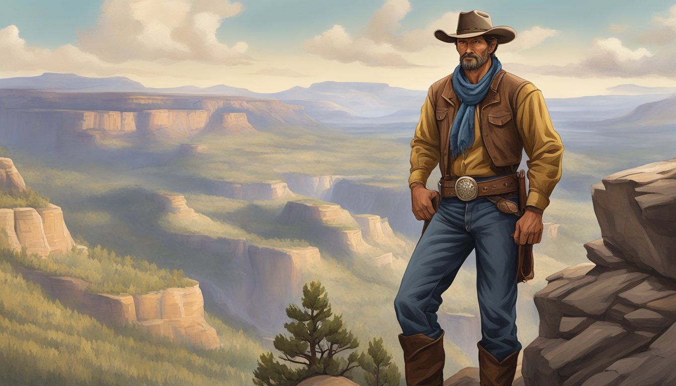 A rugged cowboy stands tall on a cliff overlooking a vast, untamed wilderness. His weathered face reflects determination and strength, embodying the spirit of the American frontier