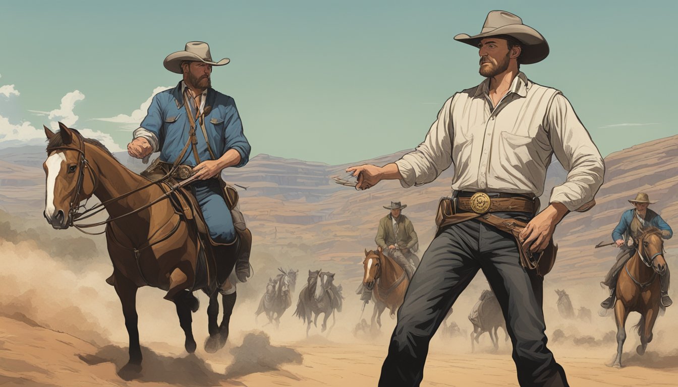 A showdown between John Dutton and Josh Randall, with iconic symbols of their respective Western hero status in the background