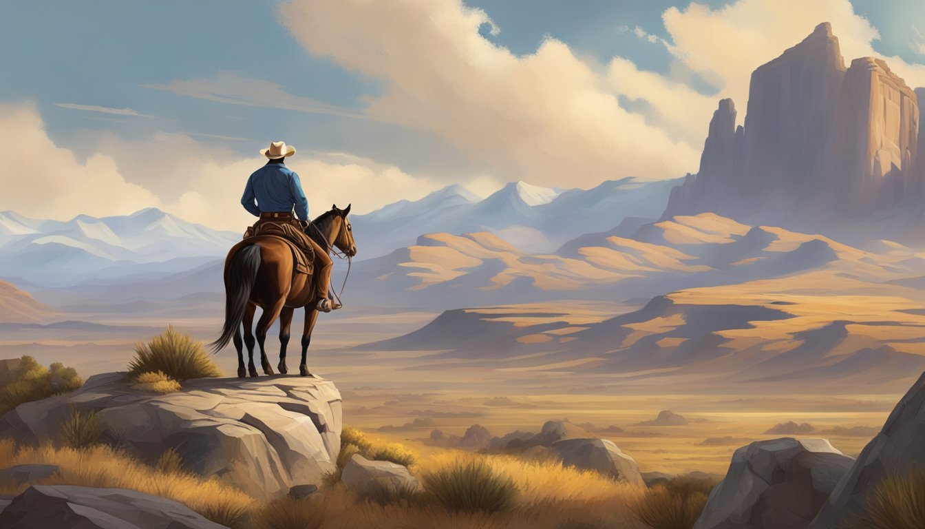 A rugged cowboy atop a powerful horse, surveying a vast, untamed landscape with mountains in the distance