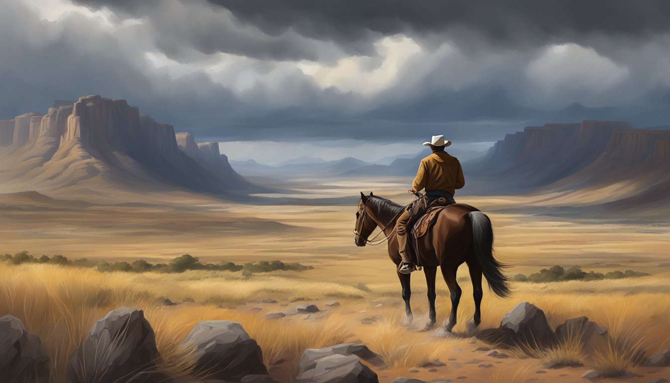 A lone cowboy on horseback surveys the vast open range, with rugged mountains in the background and a storm brewing on the horizon