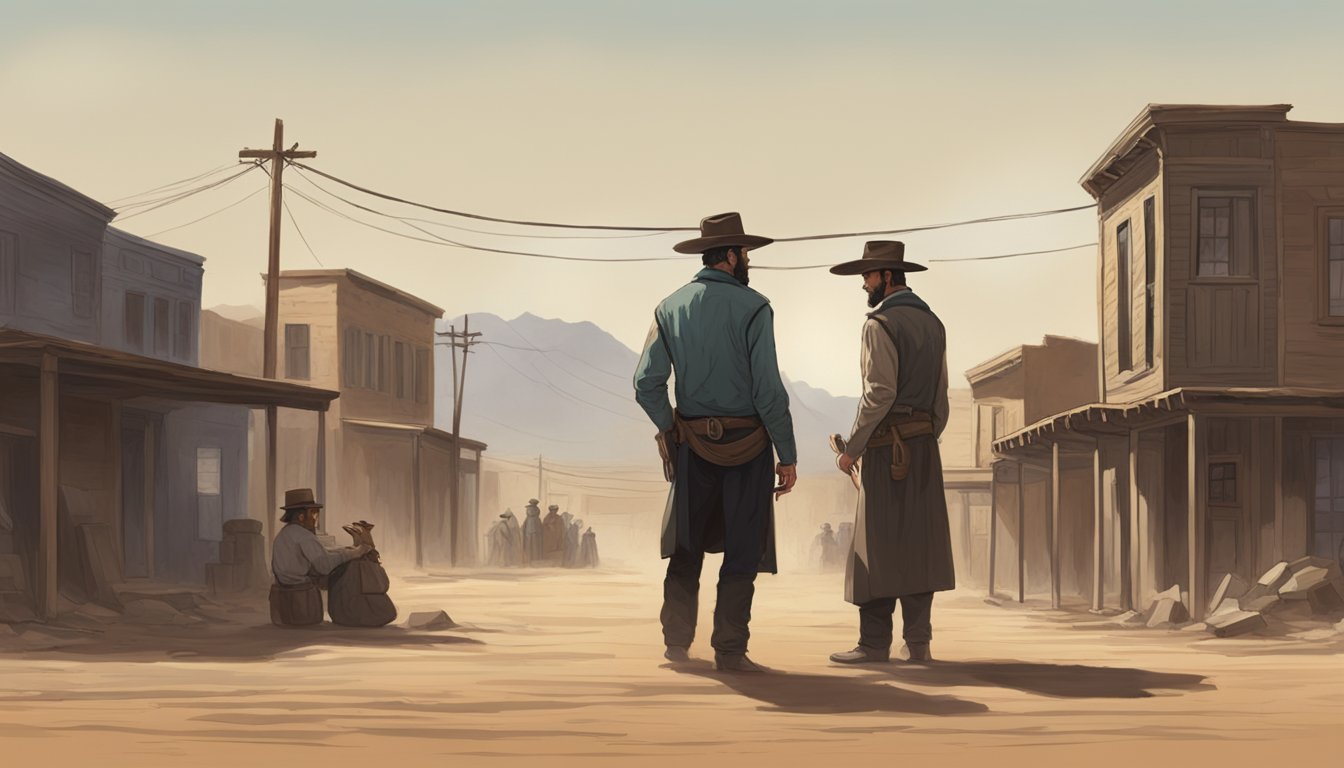 A tense standoff in a dusty western town, with two imposing figures facing each other, their steely gazes and rugged demeanor exuding confidence and power