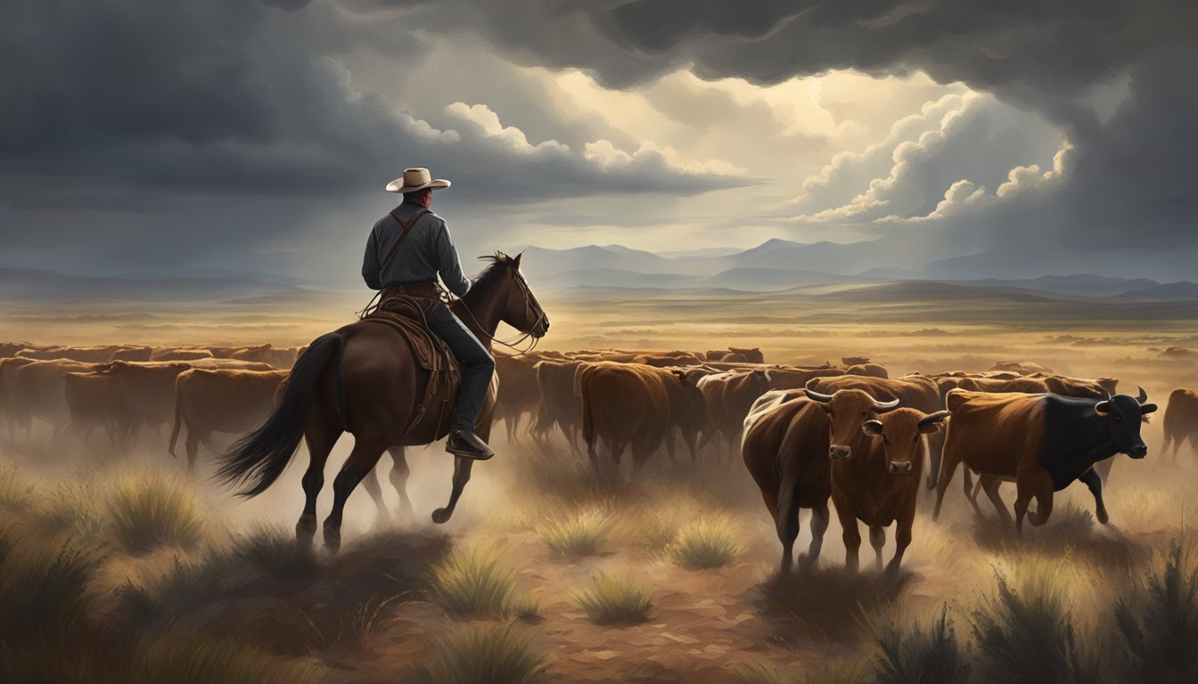 A rugged cowboy riding through a vast, untamed wilderness, with a herd of cattle in the distance and a storm brewing on the horizon