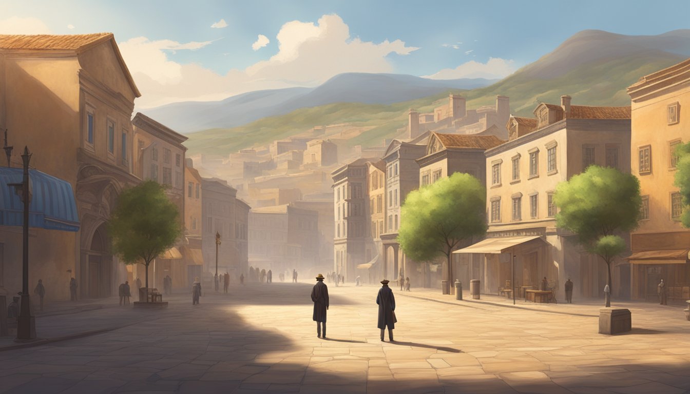 A lone figure stands in the center of a dusty, sun-drenched town square, surrounded by rugged buildings and a backdrop of rolling hills