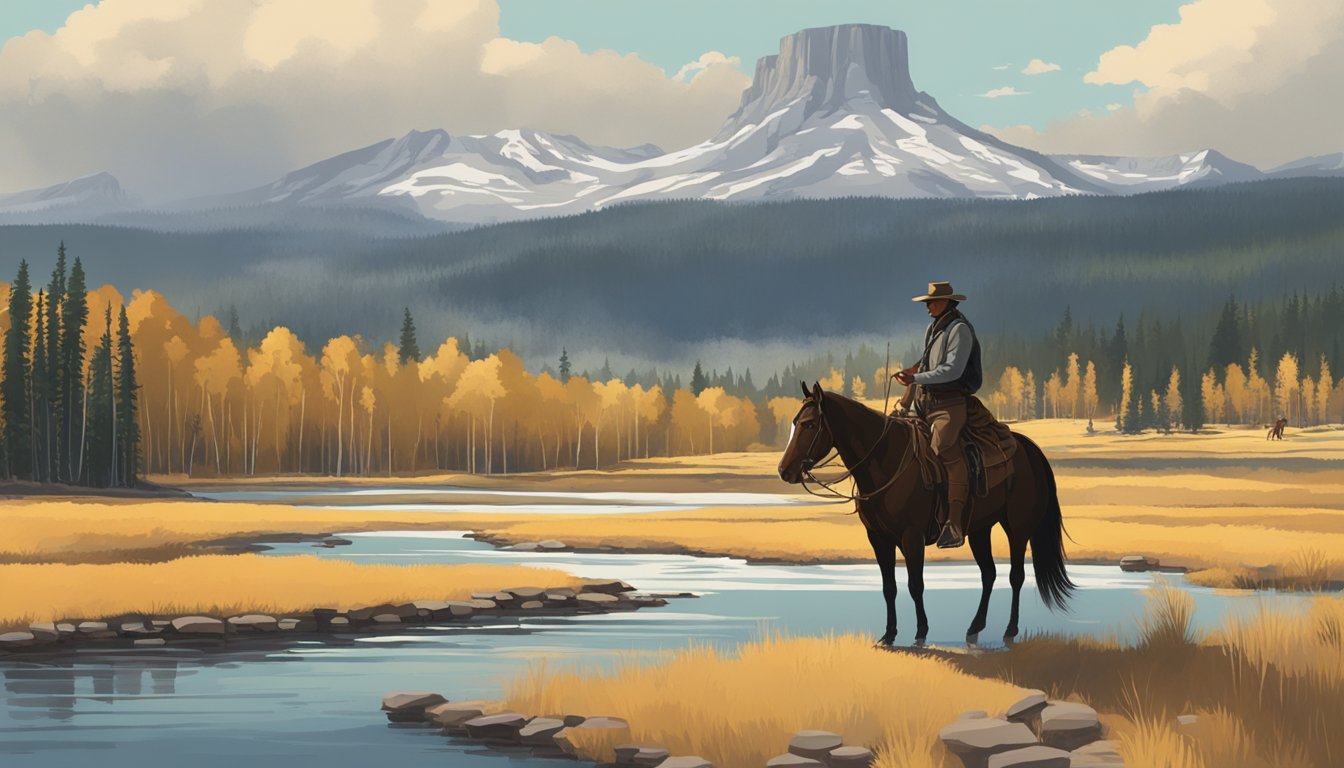 A lone figure on horseback surveys the rugged beauty of Yellowstone, while another stands tall against the backdrop of a western town