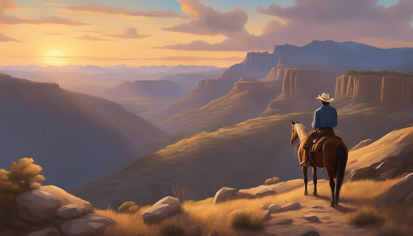 A lone cowboy surveys the vast western landscape from a high ridge, with his trusty horse by his side. The setting sun casts a warm glow over the rugged terrain as he prepares for the next challenge