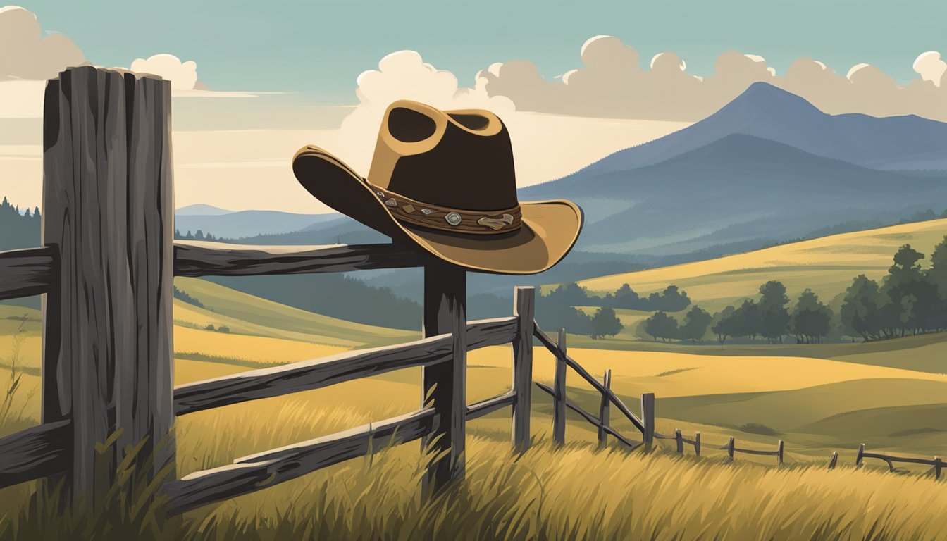 A rugged cowboy hat hangs on a weathered fence post, surrounded by rolling hills and grazing cattle