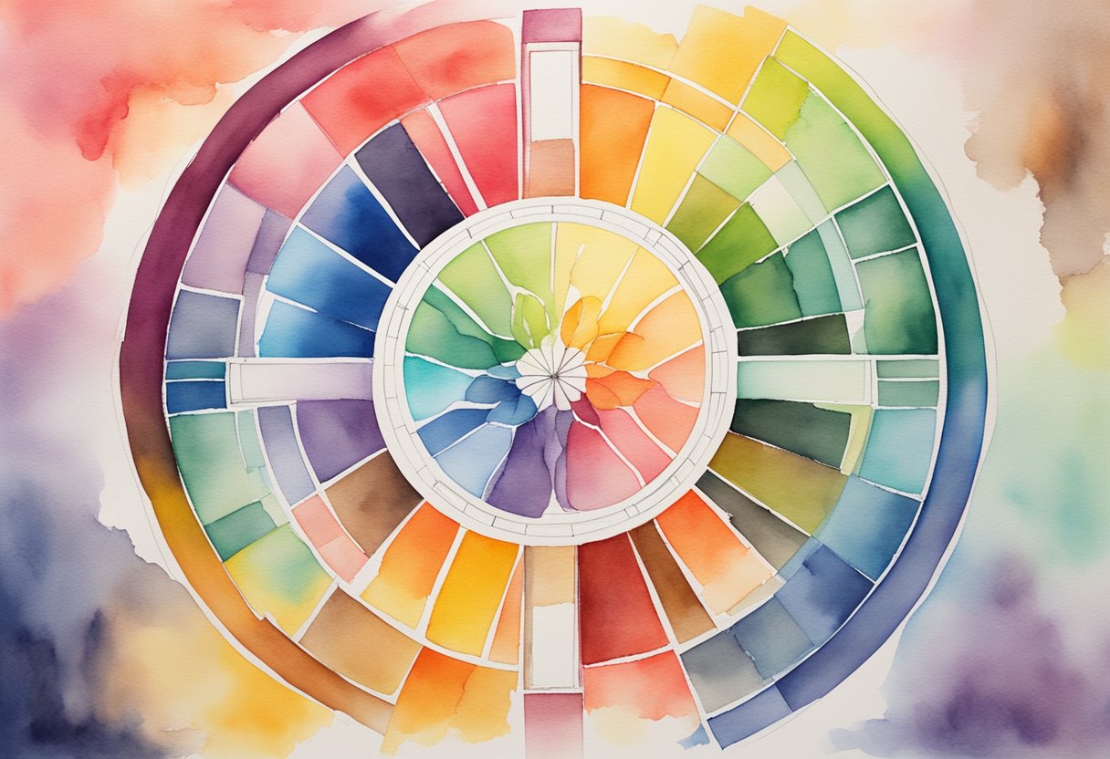 A vibrant color wheel with various hues blending and contrasting, surrounded by design elements and marketing imagery