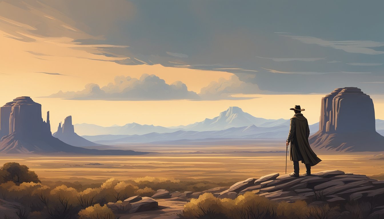 A lone figure stands tall in a rugged western landscape, with a sprawling ranch in the background and a sense of determination in the air