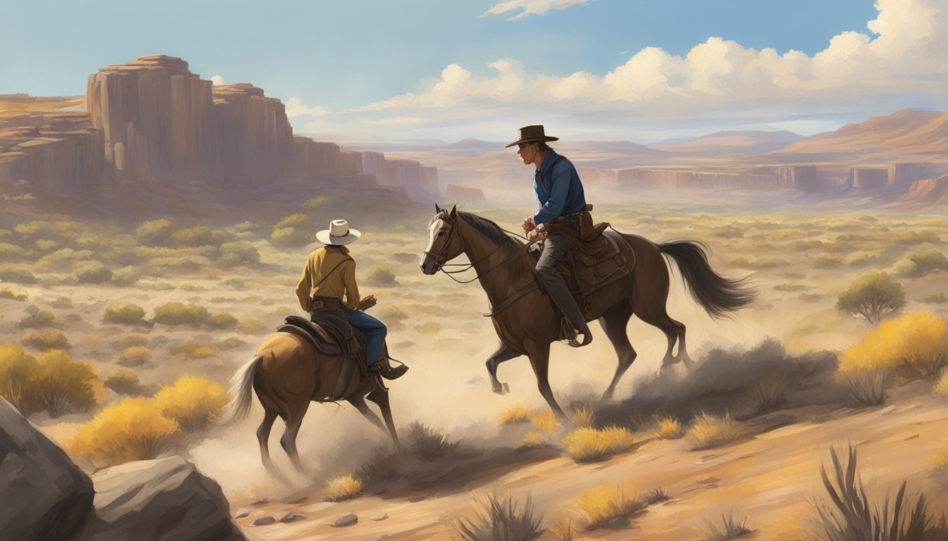 A showdown between two iconic Western heroes on a rugged, dusty landscape. John Dutton stands tall on his ranch, while Blondie squints in the sun, ready for a duel