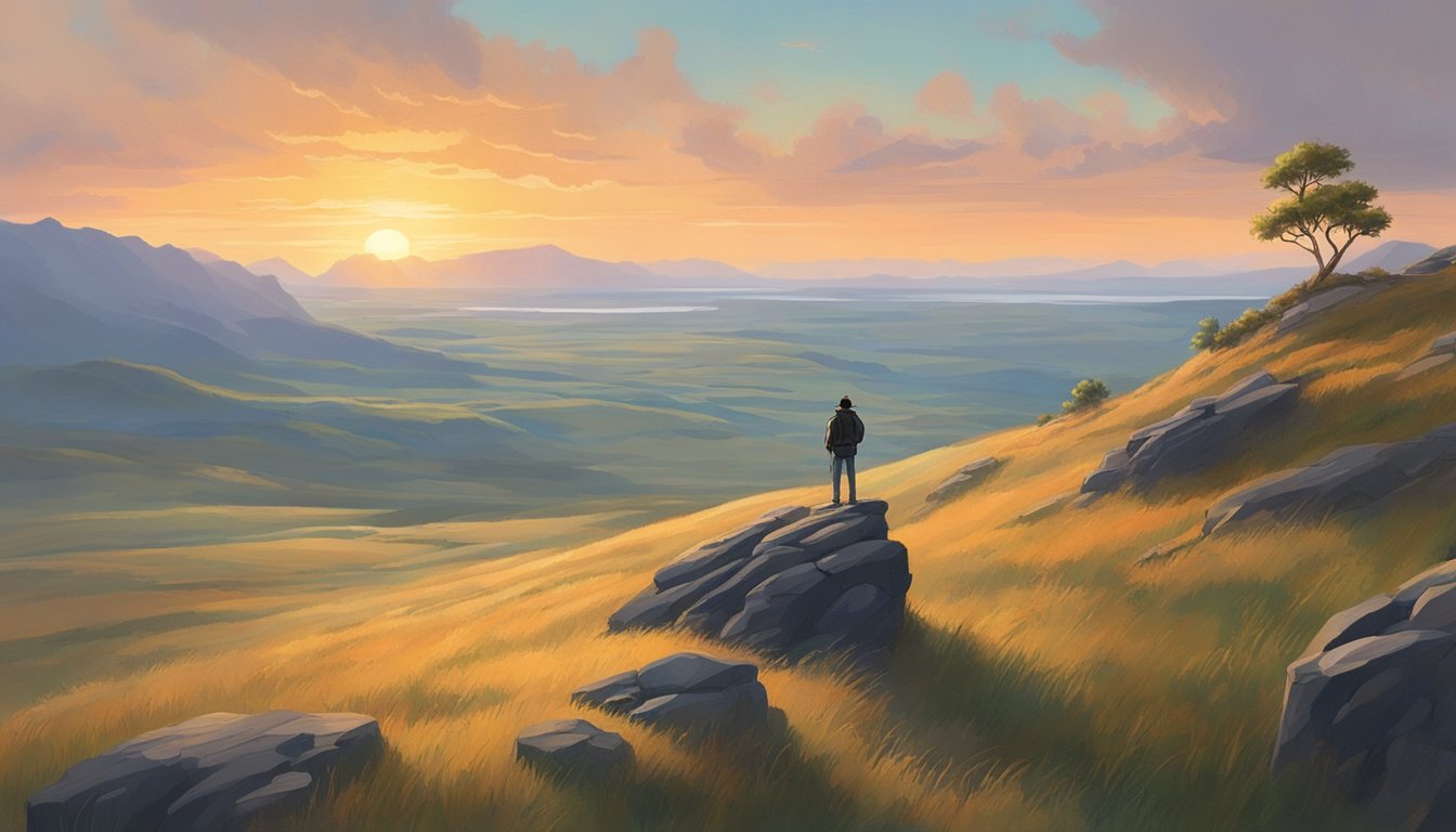 A lone figure stands atop a rocky cliff, surveying the vast expanse of the wild, untamed landscape. The wind whips through the grass and the sun sets in the distance, casting a warm glow over the scene