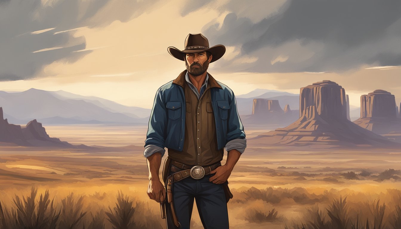 A rugged cowboy stands tall in front of a dramatic western landscape, with a stoic expression and a sense of determination in his eyes