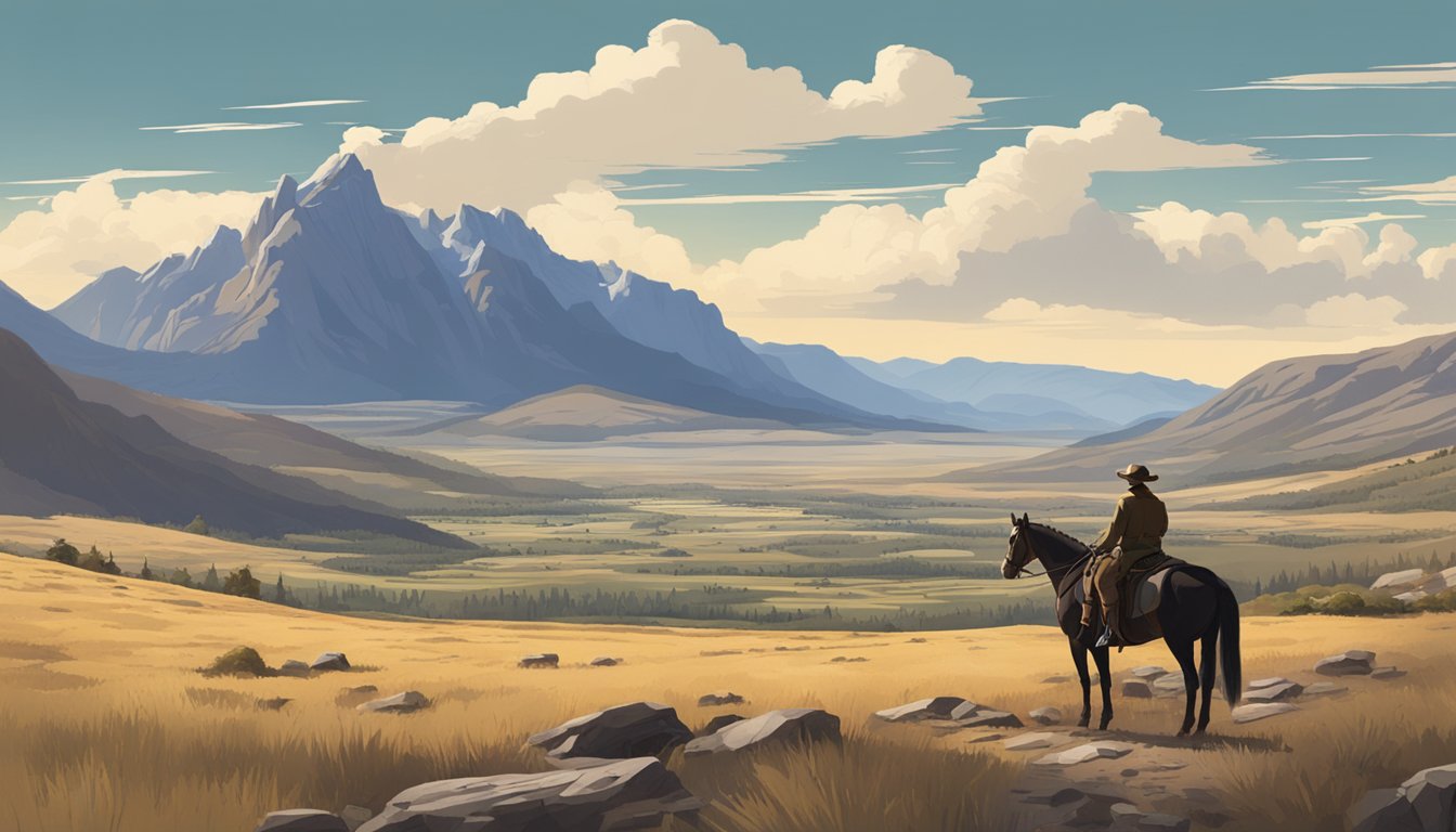 A lone figure on horseback surveys a rugged landscape, with mountains in the distance and a sprawling ranch in the foreground