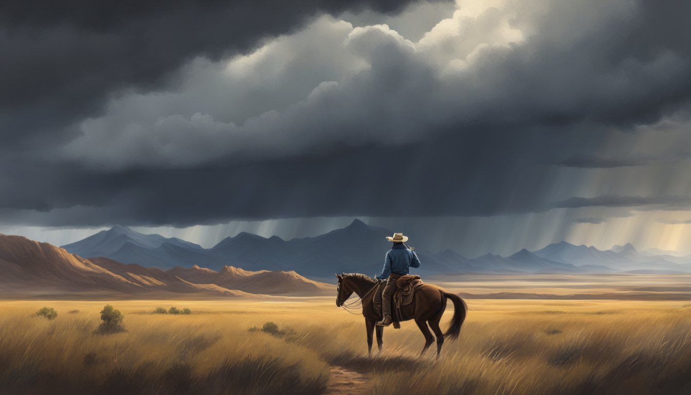 A rugged cowboy on horseback surveys a vast, untamed landscape, with mountains in the distance and a storm brewing overhead