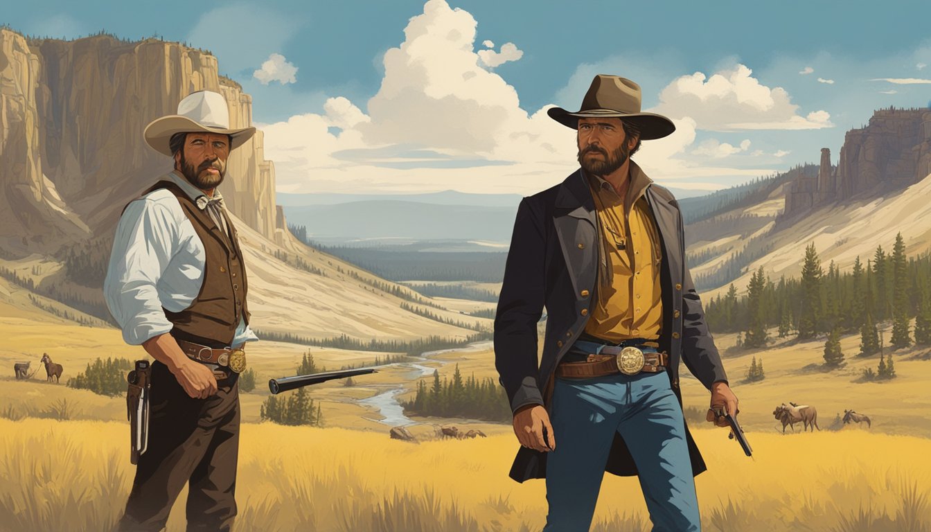 A dramatic showdown between Yellowstone's John Dutton and Blondie from The Good, the Bad and the Ugly, set against a rugged Western landscape with iconic symbols of power and authority