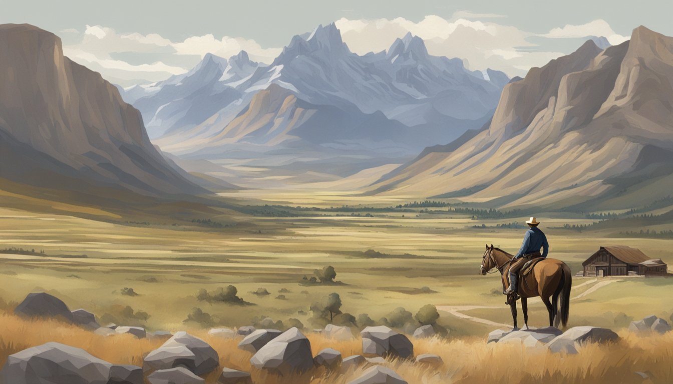 A rugged, sprawling ranch with mountains in the background. A lone figure on horseback surveys the land, exuding power and authority