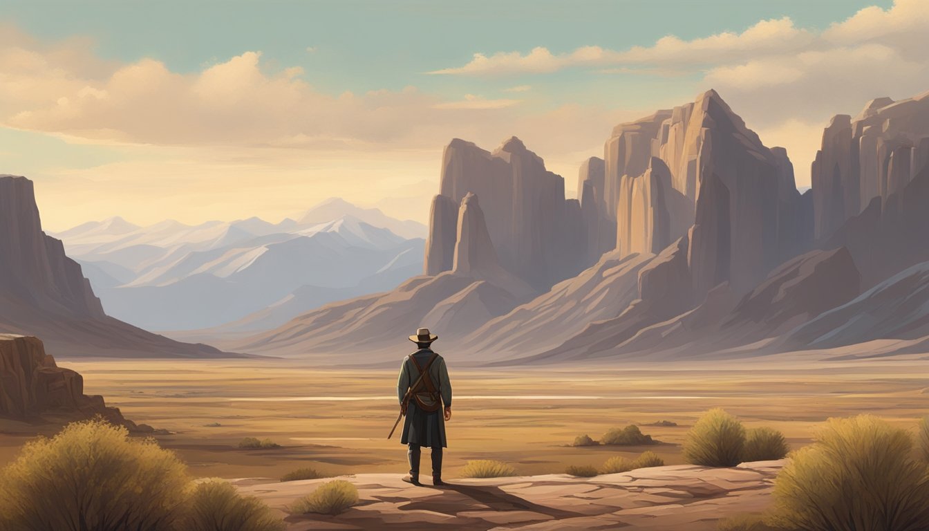 A lone figure stands in a rugged western landscape, surrounded by towering mountains and vast open plains. The figure exudes strength and determination, embodying the spirit of the classic Western hero