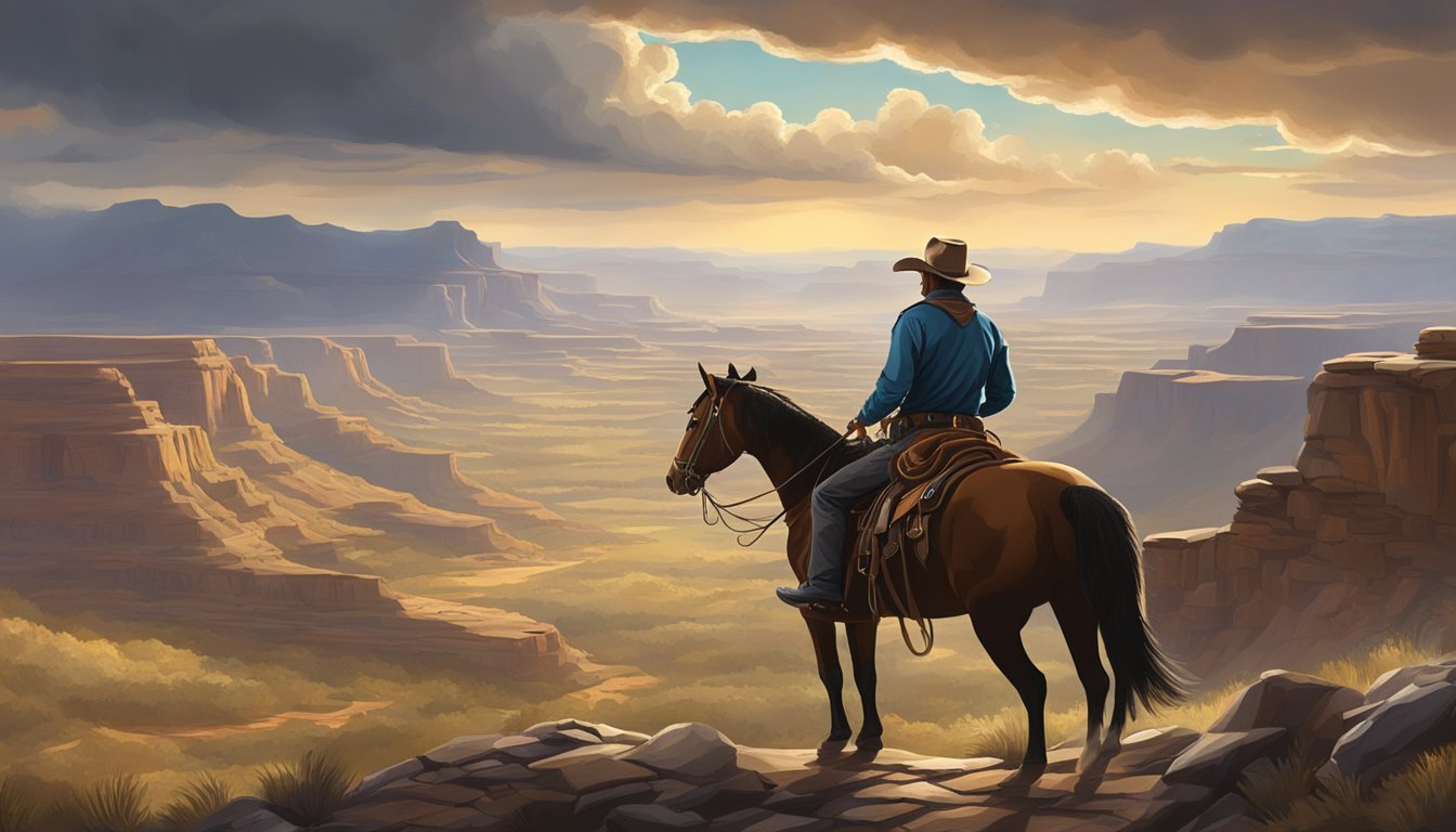 A rugged cowboy on horseback overlooks a vast, untamed landscape with a dramatic sky overhead