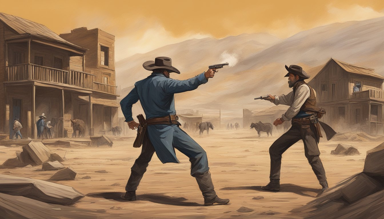 A dramatic showdown in a dusty western town, with two imposing figures facing off against each other, surrounded by rugged landscapes and a sense of tension in the air