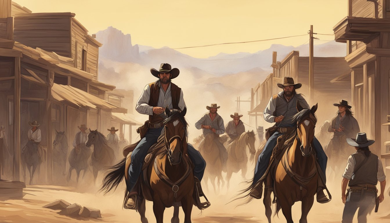 A rugged cowboy on horseback confronts a group of outlaws in a dusty, sun-drenched western town