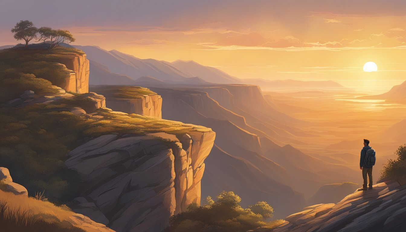 A lone figure stands atop a rugged cliff, surveying a vast, untamed landscape. The setting sun casts a warm glow over the rugged terrain, creating a sense of both beauty and danger