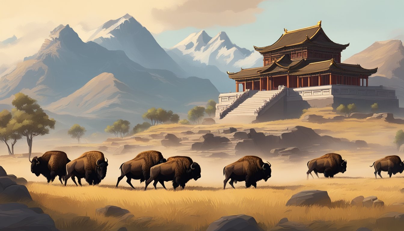 A rugged western landscape with a majestic bison herd in the foreground, and a traditional Chinese temple in the background