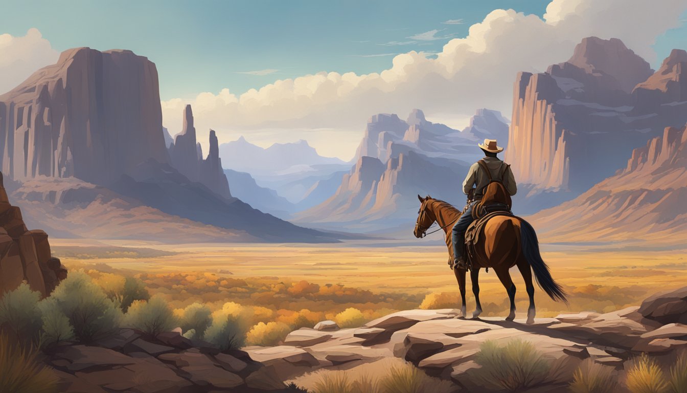 A lone figure on horseback surveys the vast, rugged landscape of the American West, with towering mountains in the distance and a sense of untamed wilderness