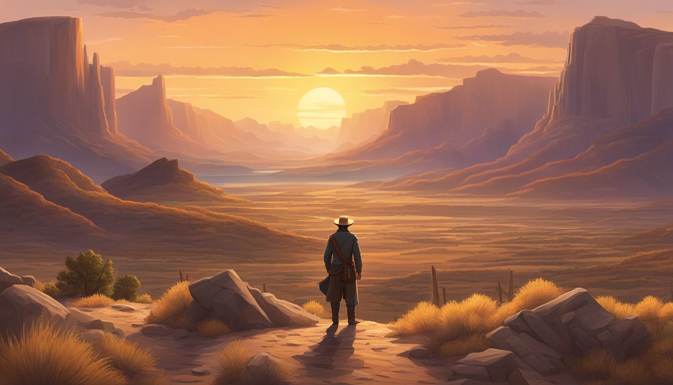 A lone figure stands in the vast, rugged landscape of the American West, surrounded by towering mountains and sprawling plains. The setting sun casts a warm glow over the scene, creating a sense of both beauty and danger