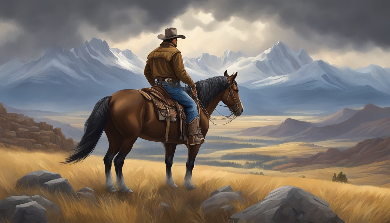 A rugged cowboy atop a majestic horse surveys a vast, untamed landscape, with snow-capped mountains in the distance and a storm brewing overhead