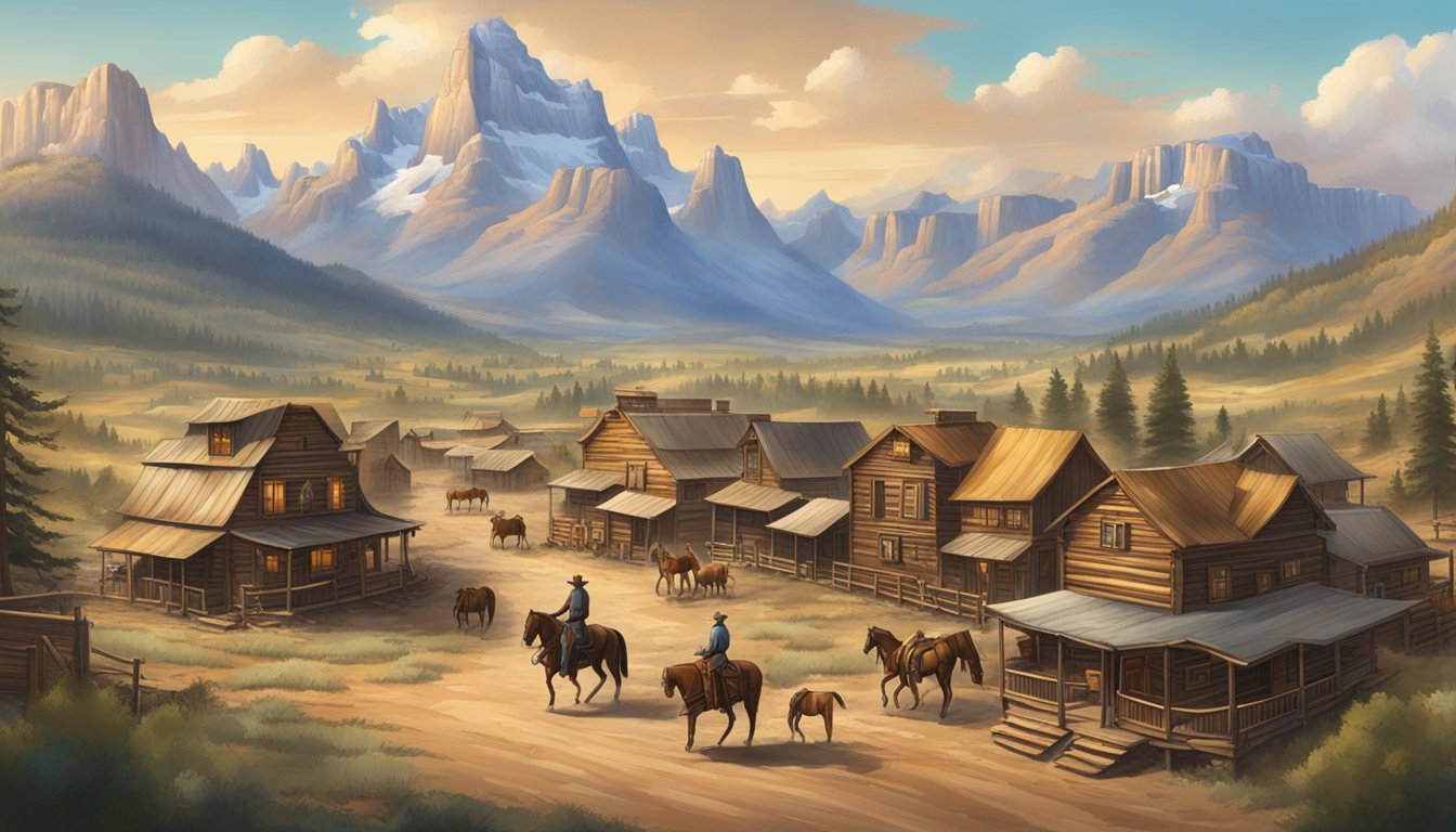 A rustic western town with a backdrop of rugged mountains and sprawling plains, featuring iconic symbols of the American frontier such as log cabins, horses, and cowboy hats