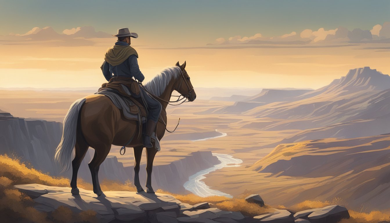 A lone figure on horseback surveys a rugged landscape, embodying stoic determination and unwavering resolve