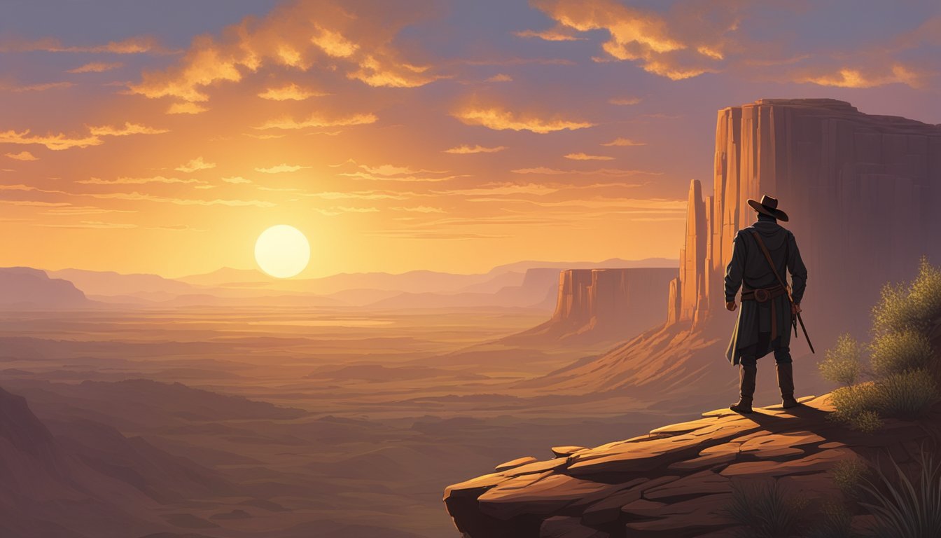 A lone figure stands atop a rugged cliff, overlooking a vast and untamed landscape. The setting sun casts a warm glow, highlighting the rugged beauty of the wild west