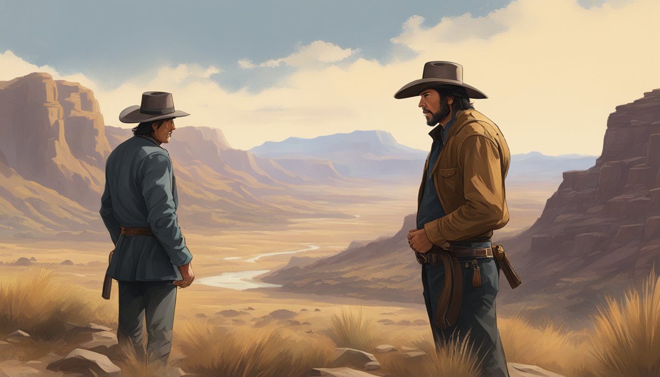 A tense standoff between John Dutton and Kwai Chang Caine in a rugged western landscape