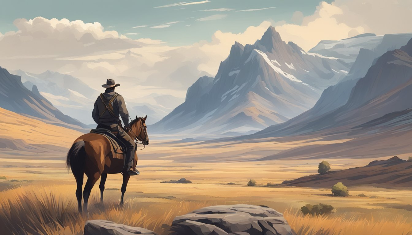 A lone figure on horseback surveys a vast, rugged landscape, with dramatic mountains in the distance and a sense of isolation and determination