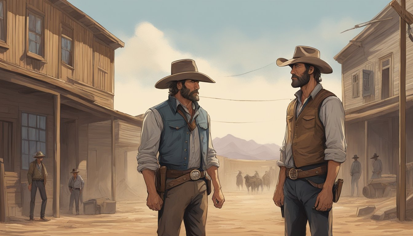 A tense standoff in a dusty western town, with two rugged figures facing off, their steely gazes and clenched jaws conveying their determination and strength