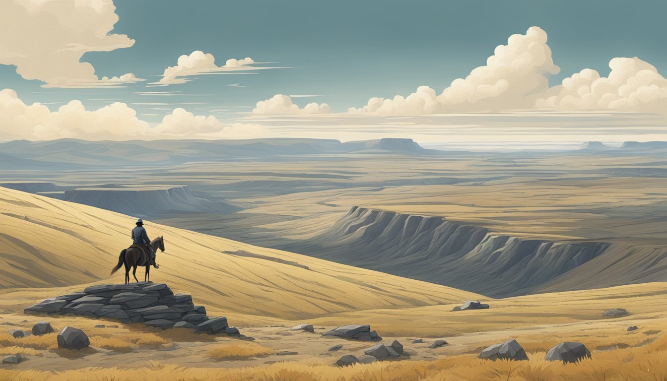 A rugged, untamed landscape with a lone figure on horseback, surveying the vast expanse with a stoic and determined expression