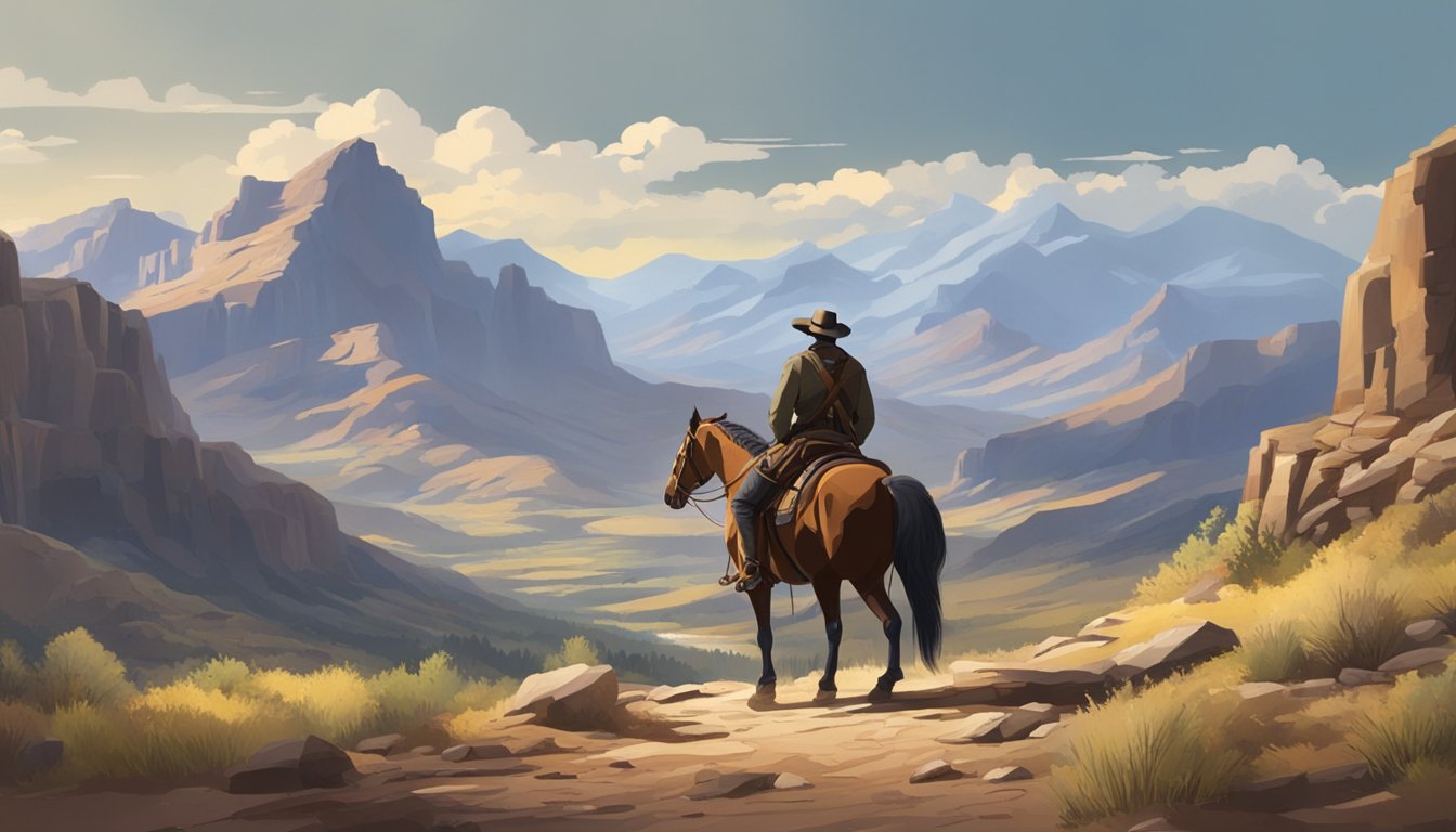 A rugged, mountainous landscape with a lone figure on horseback, surrounded by the beauty of nature and the harshness of the wild west