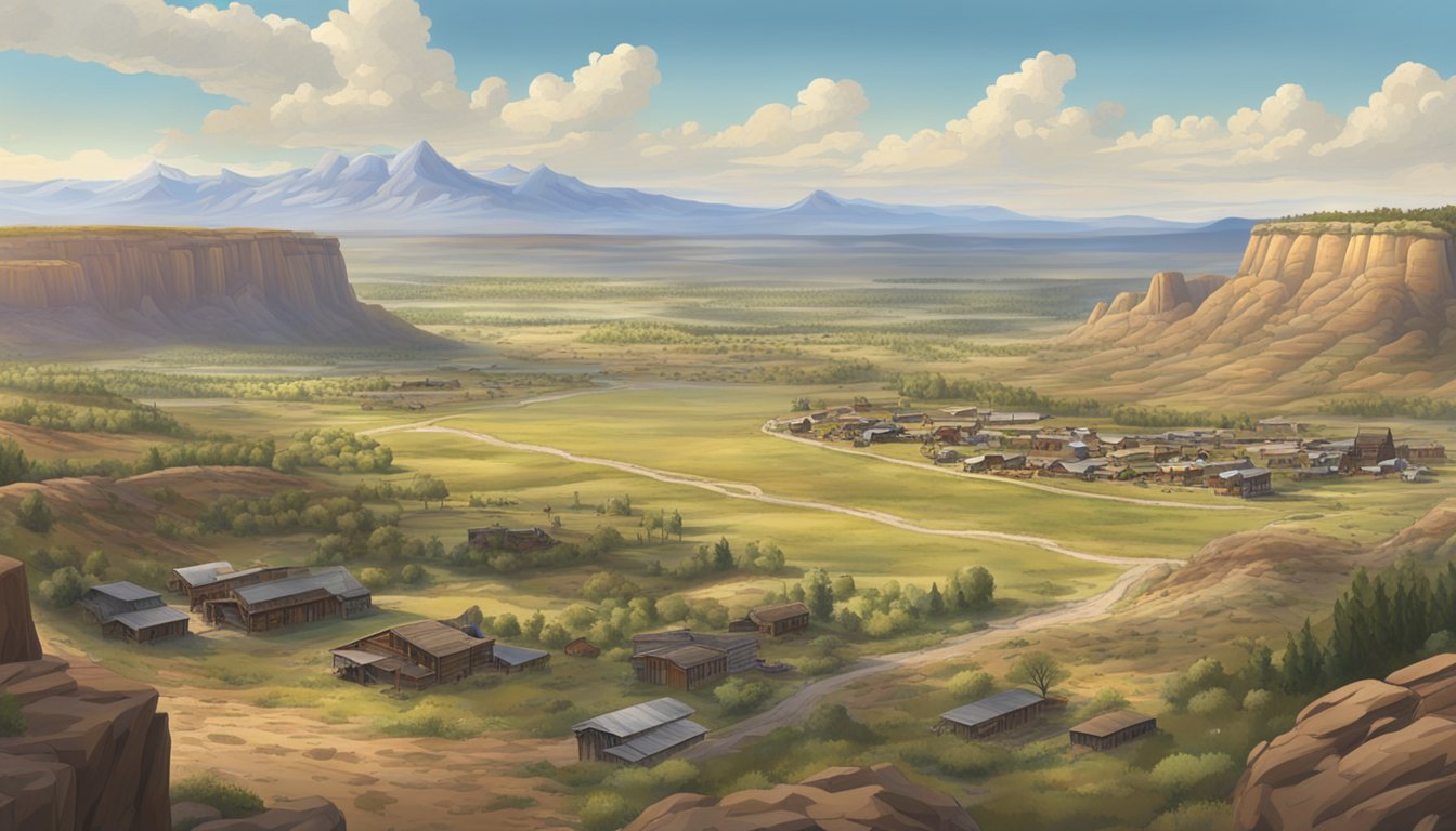 A panoramic view of a rugged western landscape, with a sprawling ranch in the distance and a bustling frontier town in the foreground