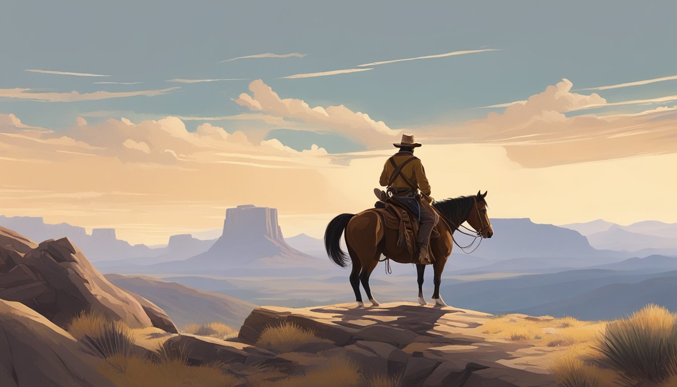 A rugged cowboy on horseback surveys a vast, untamed landscape, while a lone figure practices martial arts in a tranquil, mountainous setting