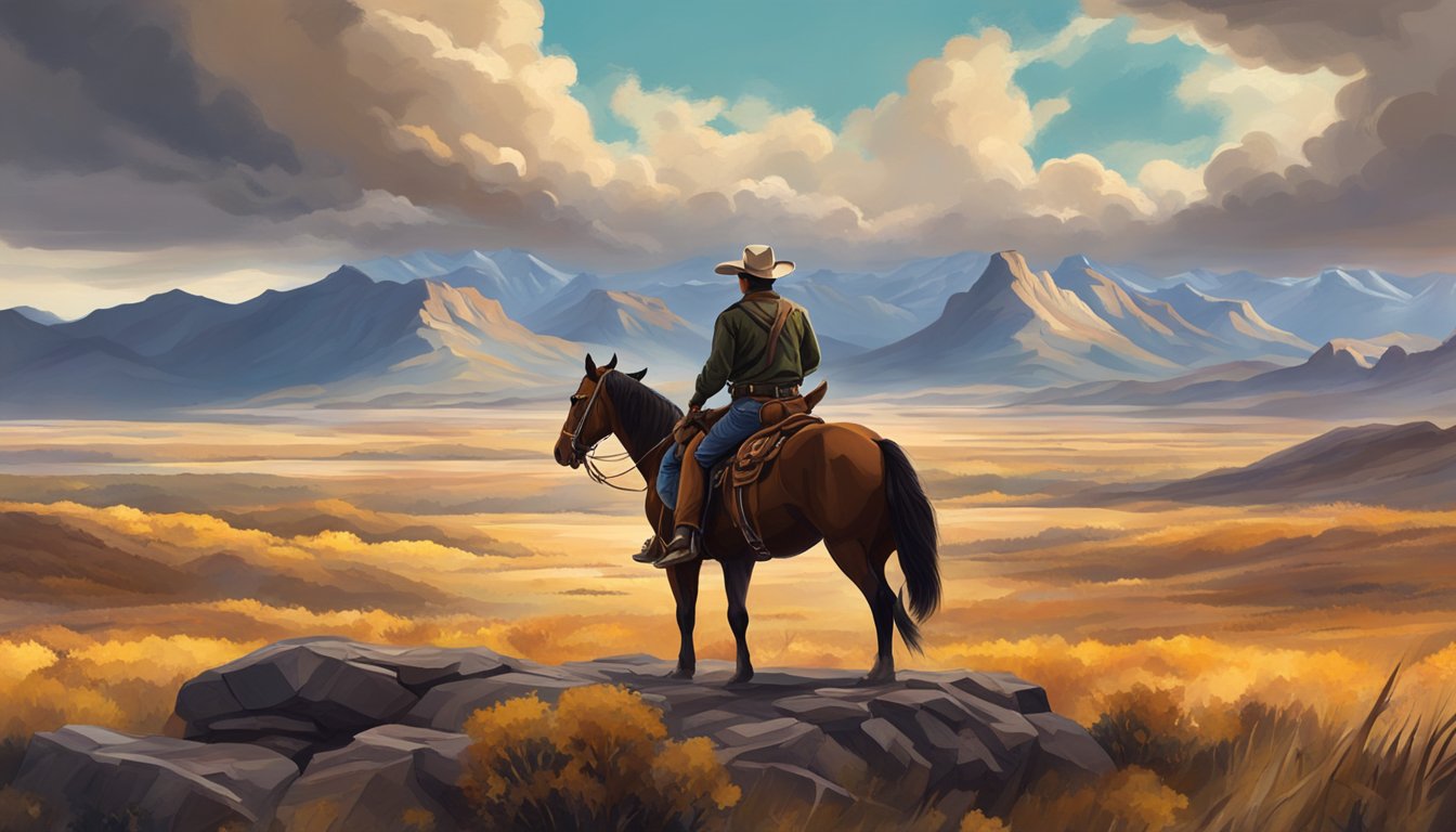 A rugged cowboy on horseback overlooks a vast, untamed landscape, with a dramatic sky and mountains in the background