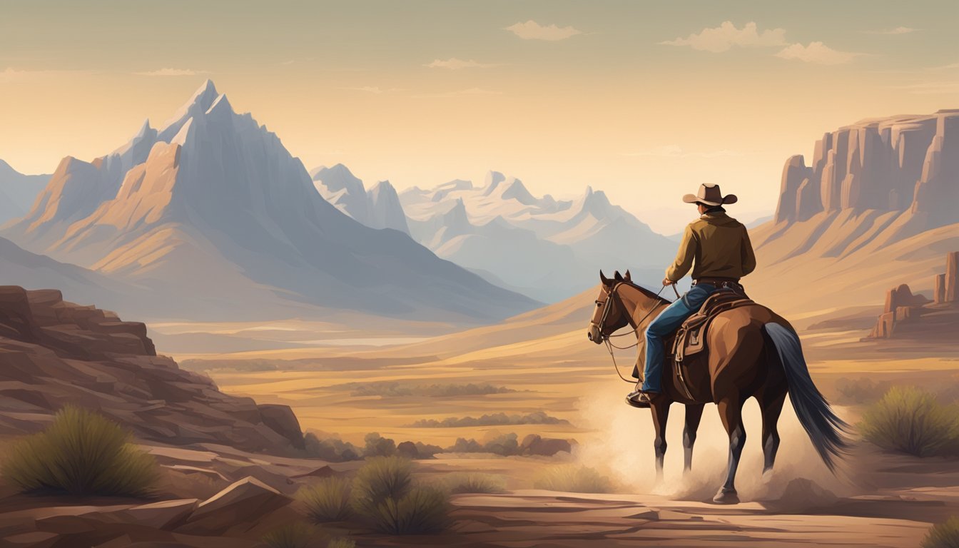 A lone cowboy riding through a rugged landscape, with mountains in the background and a sense of determination in his posture