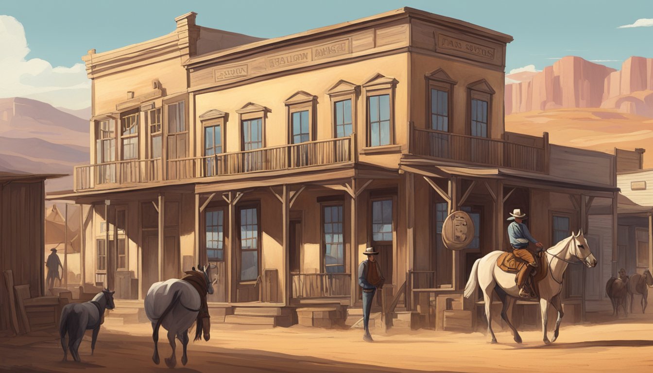 A dusty western town with a saloon and cattle ranch in the background, with a lone figure on horseback riding through the main street