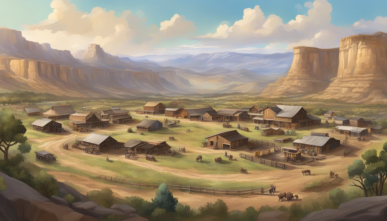 A rugged, untamed Western landscape with a sprawling ranch on one side and a bustling frontier town on the other